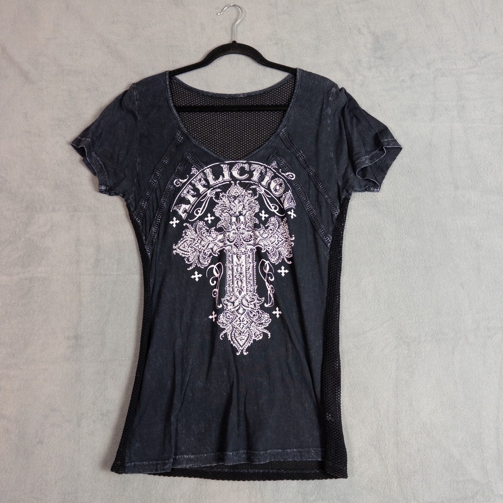 Affliction Graphic Top Women Medium Black Mesh Back Cross Foil Edgy